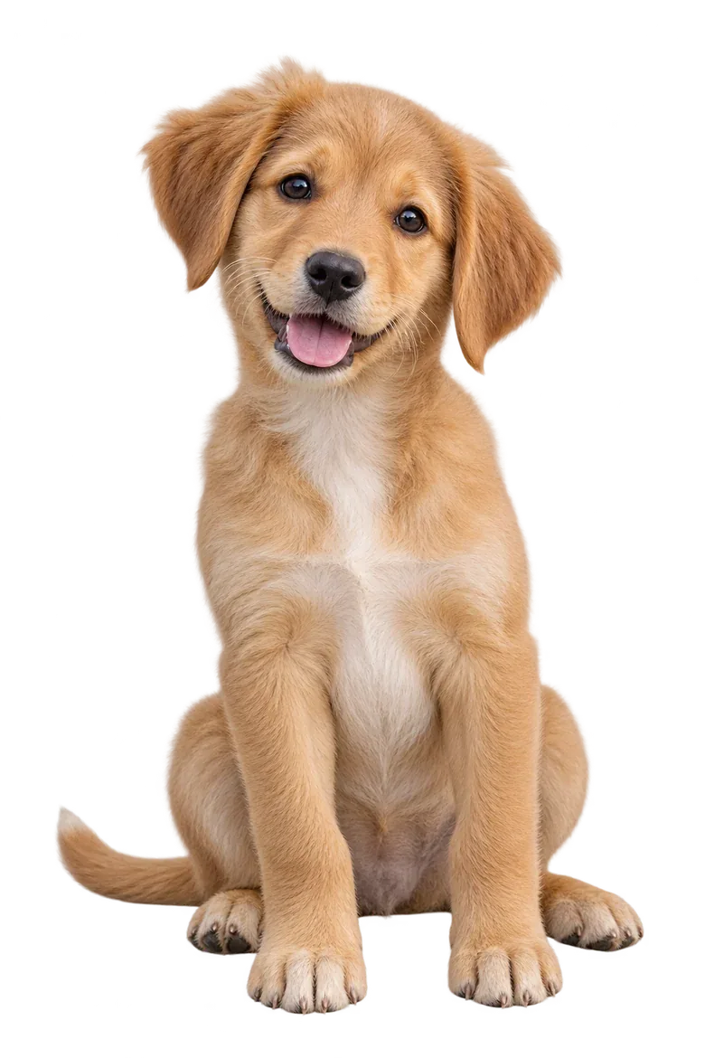 Golden puppy sitting and looking toward the camera